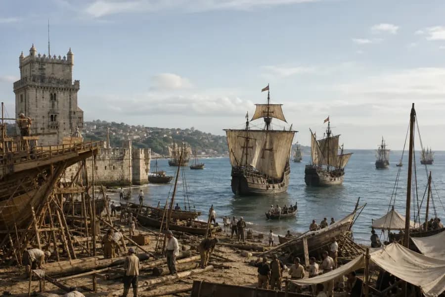 Illustrated departure scene at Belém in Lisbon with sailing ships and a stone waterfront