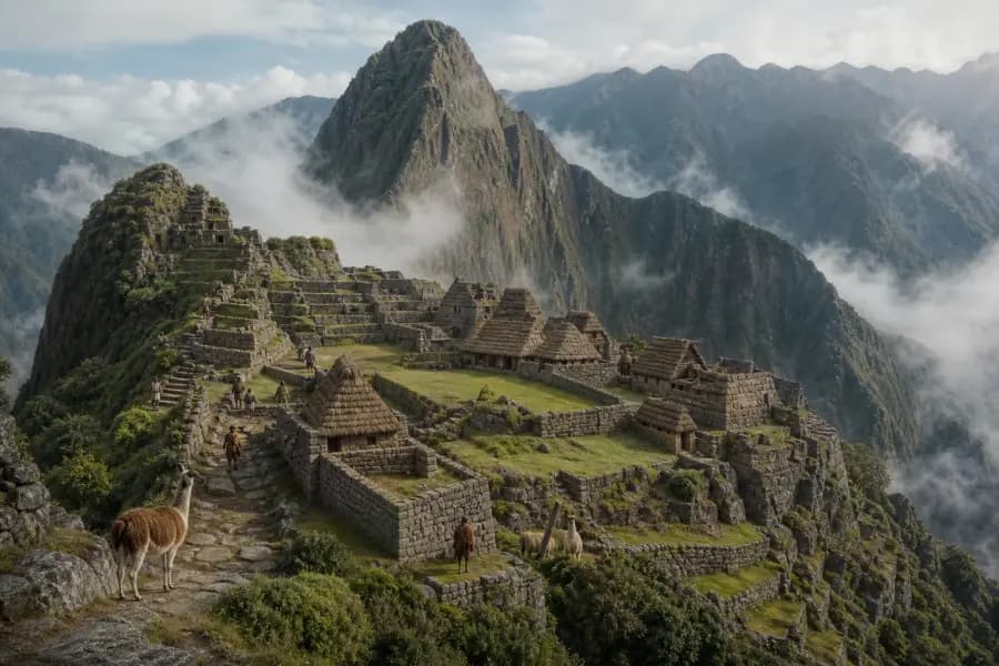 Illustrated scene of Machu Picchu on a steep green Andean ridge