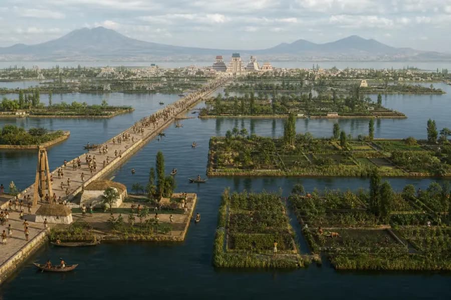 Illustrated view of Tenochtitlan as a lake city with causeways, canals, and temples